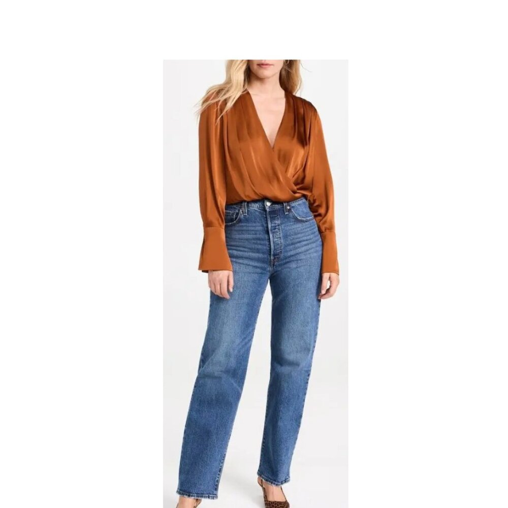 L'AGENCE Blouse Thong Bodysuit Size-M Carmel Brown 92% Silk/8%Spandex